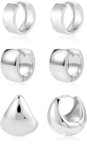 Silver 925 hoop örhängen set örhängen chunky small, 3 par silver 925 hoop örhängen set dam örhängen chunky small huggie hoop örhängen breda silver örhängen ovala glitter örhängen små kvinnor tjejer