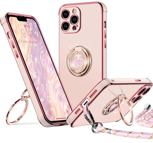 XYZ Fodral för iPhone 13 Pro Max, med stativ, dubbel ringhållare, hjärta med snodd, för flickor och kvinnor, lyxigt, sött, bling, skyddande telefonskyddsfodral, rosa | Telefonfodral med snodd för kvinnor flickor, hjärta dubbel ringhållare, bling lyxigt skyddande telefonfodral