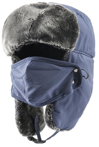 Lifup Unisex Wintermütze Fliegermütze mit Gesichtsmaske, Hunting Hut mit Ohrenschützern für Skifahren Schlittschuhlaufen Blau