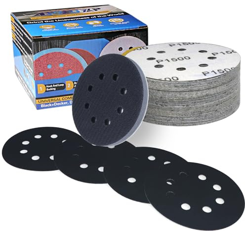 ALPXUXP 50 Pezzi Dischi Abrasivi 125mm Grana 1500,Impermeabili Carta Vetrata 8 Fori con 1 Platorello Spugna per Levigatrici Orbitali
