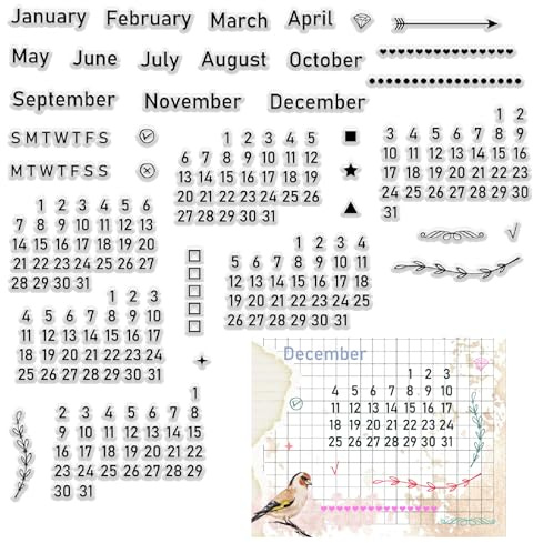 CRASPIRE Calendario Timbri Trasparenti Settimana Mese Parole Numero Riutilizzabili Sigilli per Timbri in Silicone Trasparenti retrò per Scrapbooking Album Fotografico Decorativo per Diario Creazione