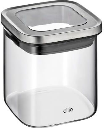 Cilio Barattolo CUBO, coperchio sigillante, contenitore per farina, zucchero e alimenti secchi, scatola ermetica, vetro borosilicato in acciaio inox, altezza: 10 cm, capacità: 650 ml