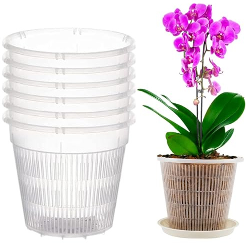 Orchideentöpfe Transparente Atmungsaktive Orchideentopf aus Kunststoff mit Löchern Orchideen Pflanztöpfe zum Umtopfen Blumentopf für Orchidee Sämlinge Sukkulenten Topfpflanzen 6 Stück (16cm&Tablett)