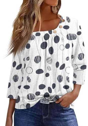 Haut Femme Chic Et Élégant - Vêtement Été Tunique Mode 2024 Tee Shirt Blouse Manches 3/4 Chemisier Blanc L