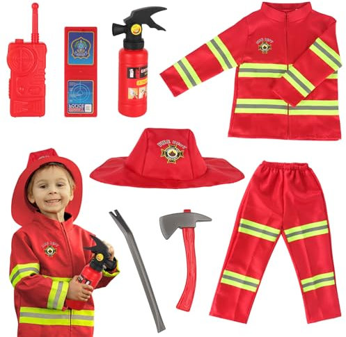 LYPPUL Feuerwehrmann Kostüm Kinder, Feuerwehr Rollenspiel Set mit Feuerwehrhelm Zubehör, Feuerwehrmann Spielzeug, Feuerwehr kostüm kinder Geschenke für Kinder Cosplay Karneval Fasching