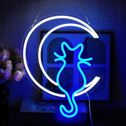 UExnkj-Y Chat de Lune Enseigne Néon Cat Néon Enseignes Bleu Blanc Enseigne Lumineuse Néon Variable USB pour Chambre à Coucher, Salon, Chambre D'enfant, Animalerie, Fête, Club (moon cat)