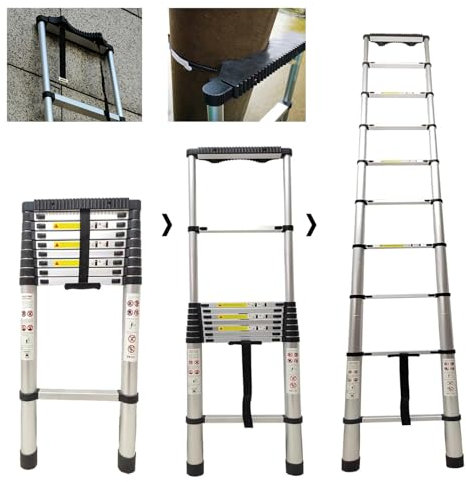 Hooha Alu Teleskopleiter mit Anti-Rutsch-Leiter Stabilisator Absturzsicherung Ausziehbare Anlegeleiter für den Einsatz an Mauern, Bäumen und Pfählen Reichweite maximalen 3,9m/5,1m/6,3m(3,9m)