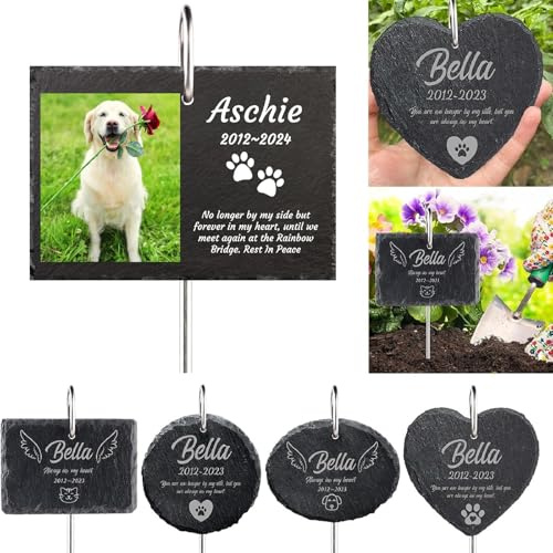 MJARTORIA Personalisiert Tiergrabstein Grabstein Hund Katze Grabplatte Grabstecker mit Gravur, Individuelles Grabschmuck Wetterfest Herz Grab Gedenkstein mit Namen Datum(Schwarz Eckig mit Foto)