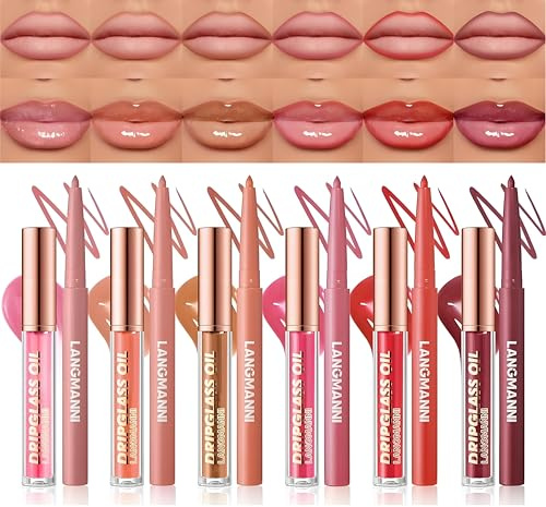 6pcs delineador de labios mate Con 6 piezas Set de brillo de labios Lip Oil, Set de maquillaje 2 en 1 hidratante y de larga duración, set de regalo de bálsamo labial brillante y ligero con color