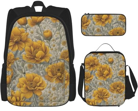 OXKGHHO Juego de mochila de trabajo con estampado de flores doradas con lonchera aislada, correas ajustables, para gimnasio y uso diario, Negro -, Talla única