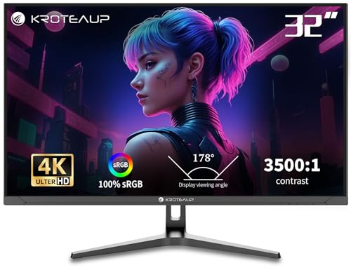 Kroteaup 32 Inch UHD Gaming Monitor 4K, 60Hz (3840 X 2160) Computer Monitor, HDR400, DCI-P3 86%，100% sRGB, Eye Care, Freesync, HDMI, Dp Port and Built-in Speaker, Support Wall