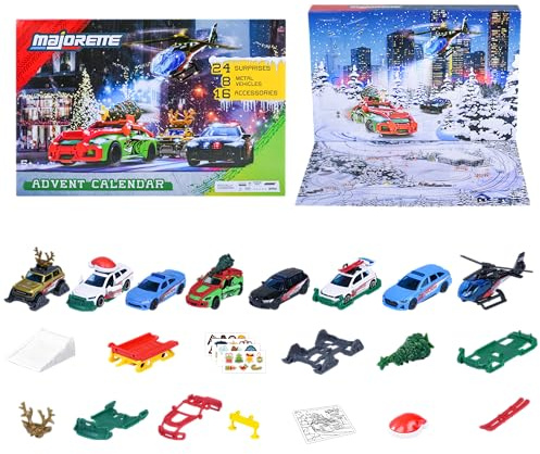 Majorette - Calendrier de l'Avent - 8 Véhicules Die Cast Exclusifs, 12 Accessoires, 4 Planches de Stickers - Se Transforme en Playset - A Partir de 5 Ans