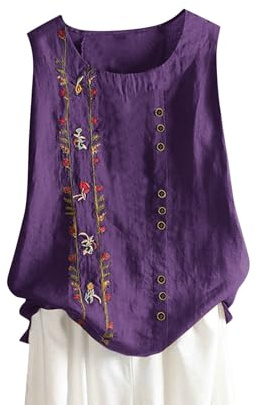 Blusa de lino para mujer, verano, elegante, bordado, camiseta de algodón y lino, sin mangas, muselina, blusa sin mangas, camiseta de tirantes para mujer, con botones, tallas grandes, blusas, camisetas