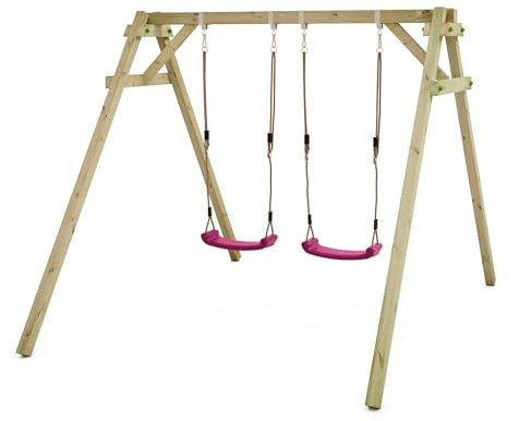 WICKEY Children's Swing Smart Move Wooden Swing and Frame Outdoor Double Swing Wooden Swing for Kids Garden (Pink)