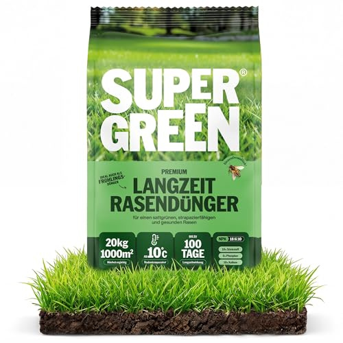 SUPERGREEN Rasendünger Langzeit bis 100 Tage | 20 kg für 1000m² | NPK 18-6-10 für schnellen, sattgrünen, dichten Rasen | Nitratfrei & staubfreies Granulat (2-5 mm)