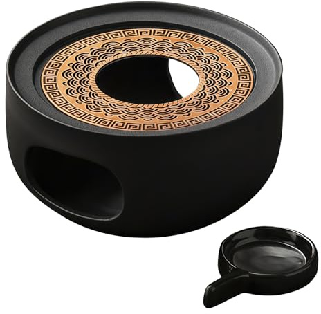 GOEDCH Calientaplatos para tetera: diámetro aprox. 13,5 cm, calentador de tetera de cerámica, calentador de té, calentador de té de porcelana con soporte para velas y alfombrilla de cocina, calentador