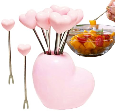 Korvgafflar | Hjärtformade gafflar för jordgubbar och andra frukter | 10 stycken återanvändbara spett köksredskap set med förvaringsställ för frukt sallad dessert