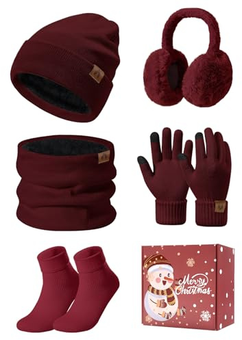 PASUDA 5pcs Ensemble Hiver Femme 5 en 1 Bonnet Echarpe Gant Tricoté Chaud Écharpe de Doublure Polaire Gants d'écran Cache-Oreilles Chaussettes Thermiques Pour Ski Sports Extérieur (Bordeaux)