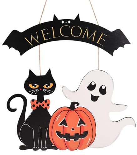 Cartello Halloween Porta, Fantasma Zucca Gatto Nero Benvenuto Legno Ghirlanda Appendere Alla Porta d'Ingresso Cartello Halloween Casa Parete Esterni Cortile Festa Decorazione Casa Stregata