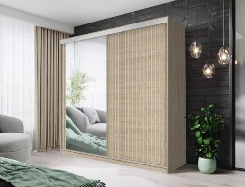 AOF Sliding Mirror Door Wardrobe – Modern Bedroom Closet with Shelves, Hanging Rails & Drawers – 150/180/203/250cm – White, Grey, Oak, Black – Optional LED Lights (Oak, 203cm)