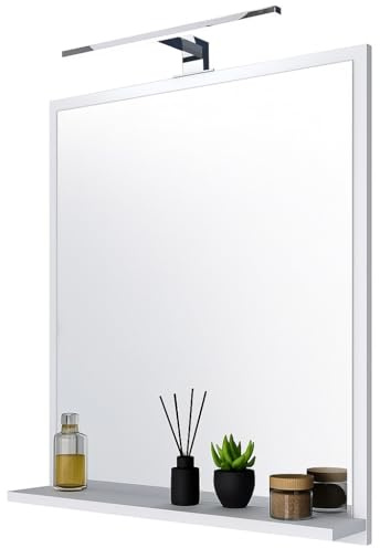 FreshYou Badspiegel mit 1 Ablage Badezimmerspiegel Spiegel Regal Wandspiegel Hängespiegel Badmöbel Spiegel Flurspiegel für Schlafzimmer für Badezimmer Weiß 60X70 LED Lampe