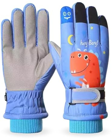 HAJXXMM Kids Ski Gloves, Dinosaur Winter Warm Windproof Snow Mittens Cold Weather Gloves Sledding Snowboard Skating Cycling Running and Outdoor Activities, for 6~14 Years Old Girls Boys -B