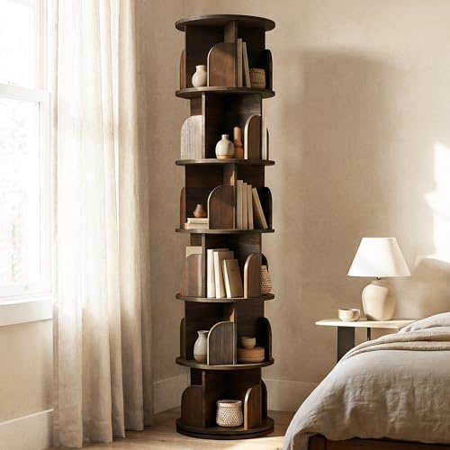 Maison Atelier 6-Tier Rotating Bookshelf with 18″ Wide Shelves, Solid Wood Bookcase for Living Room, Bedroom & Kids Room, Space-Saving Corner Bookshelf with Lazy Susan Turntable - [Walnut]