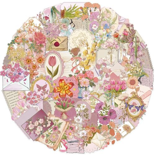 PNGIF Fantasy Rosa Blumen Aufkleber 50 Stück, Aesthetic Stickers für Journal Scrapbook Fotoalbum Laptop Kindle Koffer MacBook Fahrrad, Wasserfeste Transparenter PET Stickers