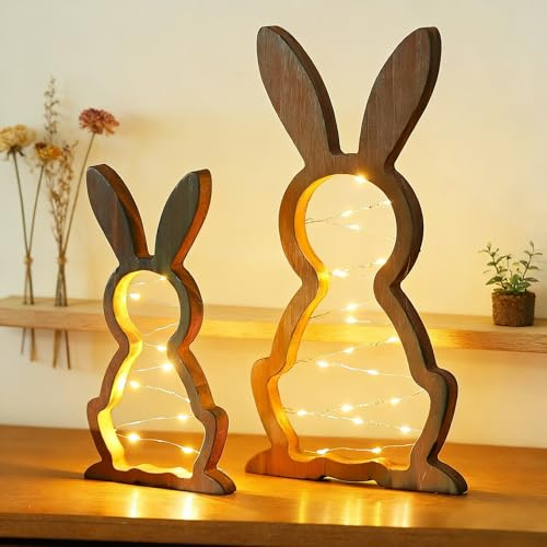 2 Stück LED Osterhase Holz für Osterdeko, Modern Ostern Deko mit Lichterkette aus Holz, Frühlingsdeko & Osterdeko Tisch Lampe für Innen Draußen Garten