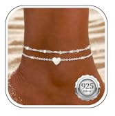 Kenivira 925 Sterling Silver Ankle Bracelets for Women Layered Adjustable Heart Anklets for Women Waterproof Dainty Women's Anklets Beach Ankle Chains Foot Jewelry