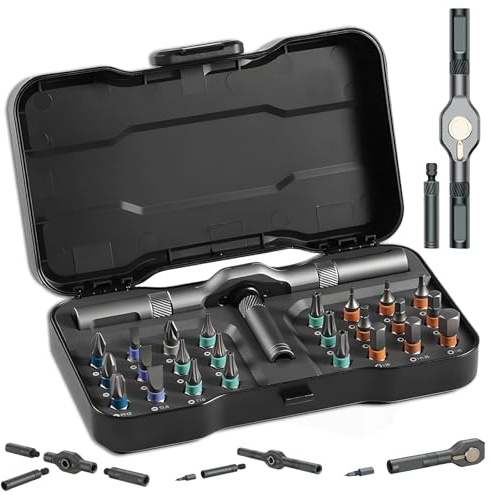 SANTUO 24 in 1 Magnetic Ratchet Screwdriver Set, Small Screwdriver Set with S2 Steel Bits, Flex Shaft Handle, Multi-Functional Repair Tool Kit for Furniture, Bicycle, Precision Electronics & Home DIY
