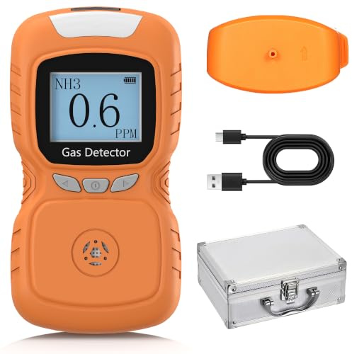 Detector de gas amoníaco portátil, monitor de gas NH3 recargable de 0 a 100 ppm con triple alarma (sonido, luz y vibración) para casas de aves de corral, granjas de cerdos e instalaciones ganaderas