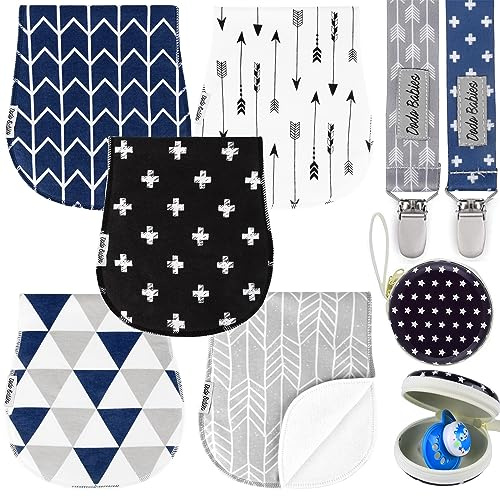 Dodo Babies Cotton Burp Cloths - Absorbent Cotton Baby Essentials - Contoured Shoulder for Baby Boy Essentials - Pacifier Clip & Case Included - 8-Piece Set, 19 x 9 in, Black/Blue/Gray