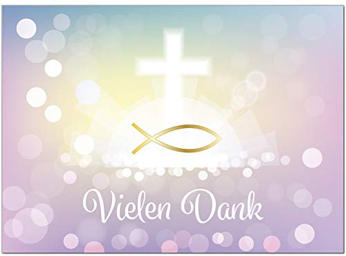 Einladungskarten Manufaktur Hamburg 10 x Dankeskarten mit Umschlag - Zauberhafter Verlauf rosa gelb mit Kreuz und Fisch - Danksagung/Bedanken/Danke sagen zur Taufe, Kommunion, Konfirmation, kirchlich