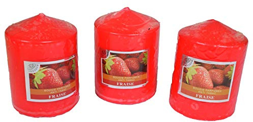 Set von 3 großen duftenden dekorativen Votivkerzen, Anti-Tabak, Kerzen für die Innendekoration Ihres Hauses und zur Schaffung eines Ambientes. Rot, Erdbeerduft 7,5x10 cm Dauer 40 Stunden