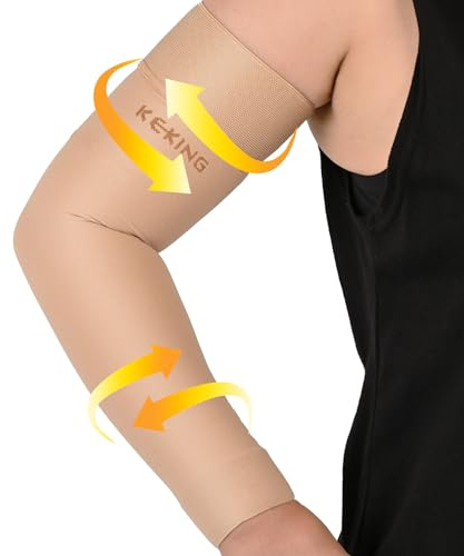 KEKING® Lymphedema Compression Arm Sleeves with Silicone Band for Men Women (Pair), 15-20 mmHg Compression Full Arm Support for Lipedema, Edema, Post Surgery Recovery, Swelling, Pain Relief, Beige L
