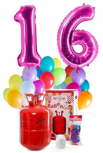 Party Factory – Helium Gasflasche 400L Komplett Set mit XXL Zahlenballon 16 Pink – Partydeko Ballongas Flasche mit Folienballon, 30 Latexballons & 40m Ballonschnur – Für Geburtstage & Feiern