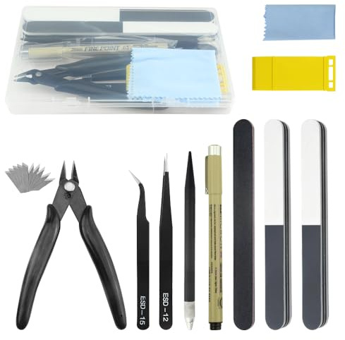 BGTXINGI Lot de 20 outils de base pour modélisme Gundam avec boîte en plastique pour assemblage de voiture, loisirs créatifs, modélisme, réparation et fixation