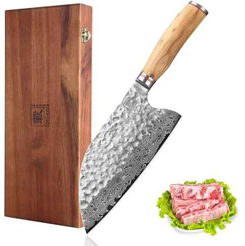 zayiko Minami Premium Kochmesser Chai Dao mit 20 cm Klinge gefertigt aus 67 Lagen echtem Damaststahl mit Hammerschlag und Olivenholzgriff I Holzbox I Damastmesser Küchenmesser und Profi Kochmesser