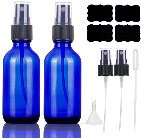 Flacon Vaporisateur Spray Vide Verre Bleu 60ml,Petit Bouteille Spray Vide Vaporisateur Parfum Rechargeable pour Cosmétiques et Huiles Essentielles avec Pulvérisateur de Brume Supplémentaire(2 Pcs)