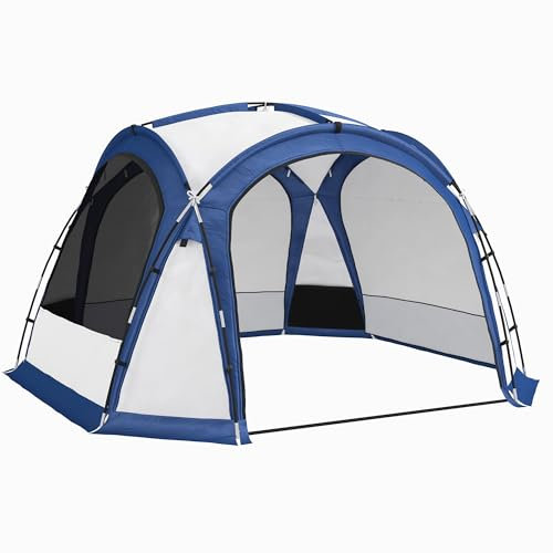 Outsunny Tenda da Campeggio 4-5 Posti con 4 Porte a Cerniera, Zanzariera, Borsa da Trasporto e Gancio per Lampada, 350x350x230cm, Bianca e Blu