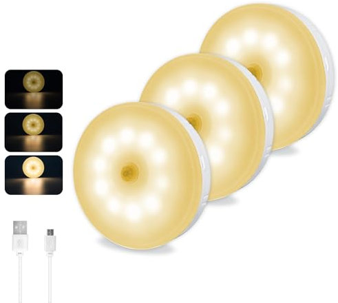 Akynite Motion Sensor Night Light USB Rechargeable, Warm White Dimmable, Magnetic Night Light, Motion Sensor Cupboard Lights, Automatic Light for Staircase Hallway, 3pcs