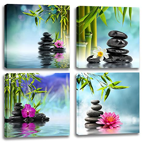 Stone Pictures Zen Wall Art - Azure Water Yoag Prints Candle Garden Bamboo Paintings Asin Treatment SPA Framed Artwork Canvas 4 Panels 12 x 12 Inches Decoration For Office Living Room Bedroom Bathroom
