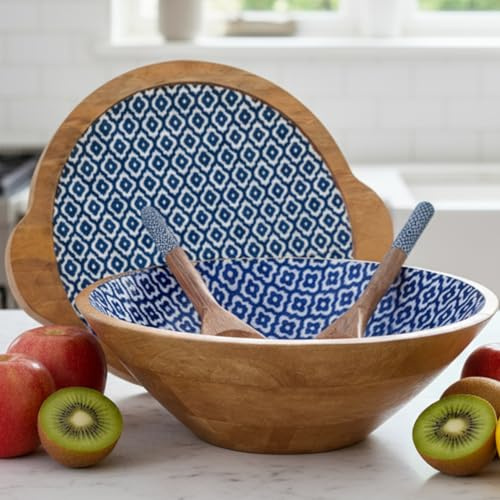 Hartsmede Wooden Salad Bowl 12 with Lid & Spoons – Handmade Eco-Friendly Mango Wood Covered Serving Bowl with Food-Safe Enamel Interior, Large Rustic Fruit or Salad Server (Sambhal)