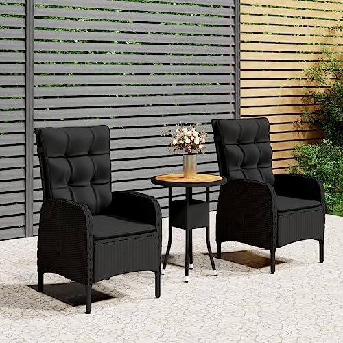 Tidyard 3-TLG. Bistroset Balkonset Gartenset Rattan Tisch und Verstellbar Hochlehner Stühle, Auflagen und Kissen, Sitzgruppe, Schwarz und Braun