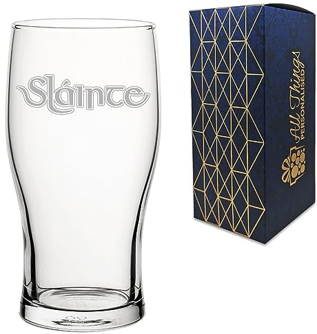 Engraved Novelty Pint Glass with Slainte Celtic Design, Gift Box Included, Laser Engraved, Gift for Dad Grandad Uncle Friend Colleague, Add an Optional Personalised Message on Reverse