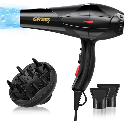 Secador de Pelo Profesional Iónico 2400W AC-Motor, Secador con Difusor y Boquilla Concentradora, 2 Velocidades 3 Temperaturas Protección Contra Sobrecalentamiento (2.0 negro)