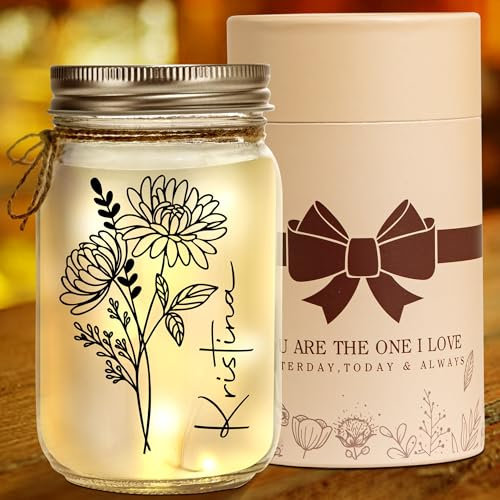 Kenon Personalized Mason Jar Night Light with Birth Flower, Custom Name 16oz Mason Jars Light Home Decoration, Mother Day Gift for Women Mom