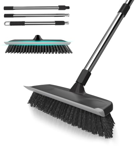 Heavy Duty Floor Scrub Brush with Long Handle, Adjustable Stainless Steel Handle, Stiff Bristles & Rubber Squeegee Scraper, Concrete Floor Scrubber for Cleaning Floor Concrete Deck Hardwood Patio Tile
