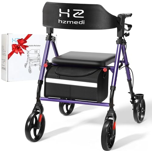 HZ HZMEDI Senior rullator hopfällbar rullator med hjul – kraftigt aluminium – 8 tum justerbar höjd dubbel hjul för SUV